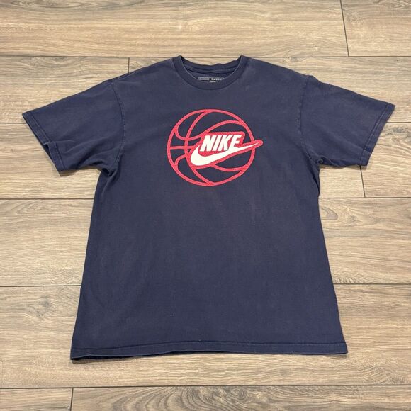 Vintage Nike Shirt Hoops Basketball Y2K Faded Navy Blue Graphic Tee Size Large - Picture 1 of 3